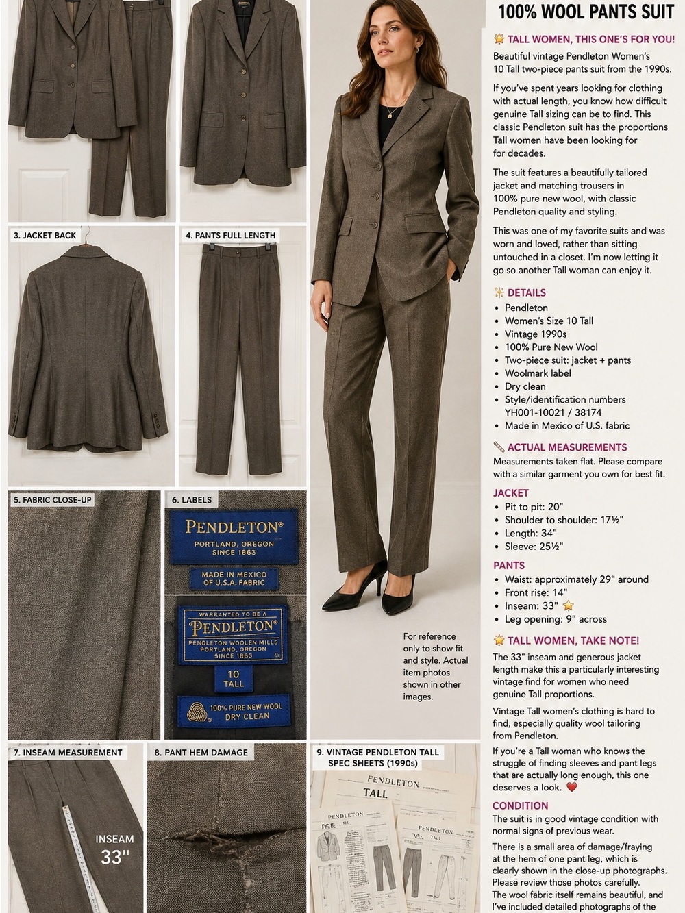 TALL Pendleton Brown Wool Two-Piece Suit Blazer & Pants Size 10